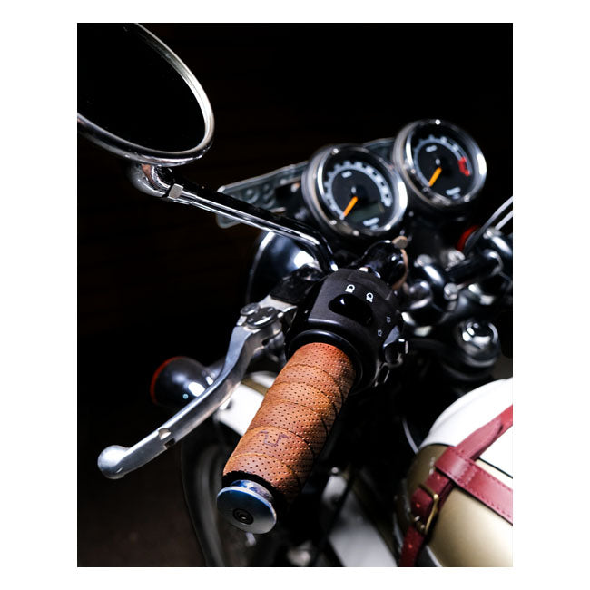 Trip Machine, leather handlebar grip wraps - Tobacco Perorated