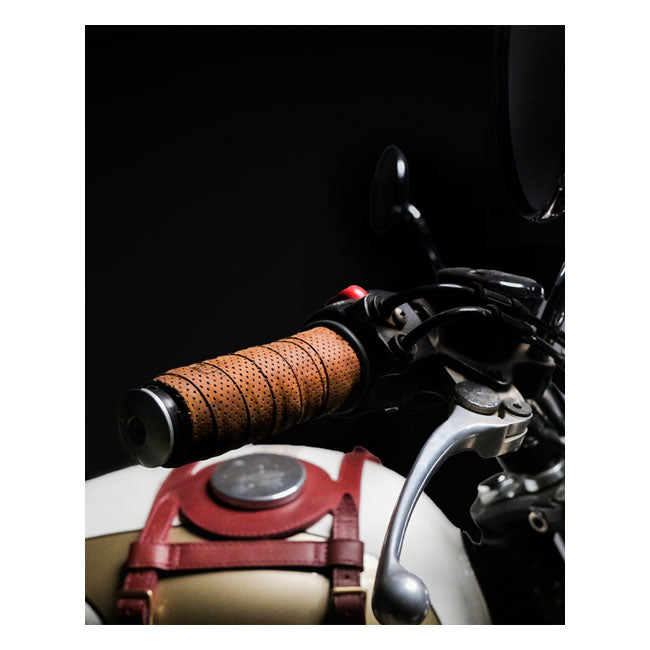 Trip Machine, leather handlebar grip wraps - Tobacco Perorated